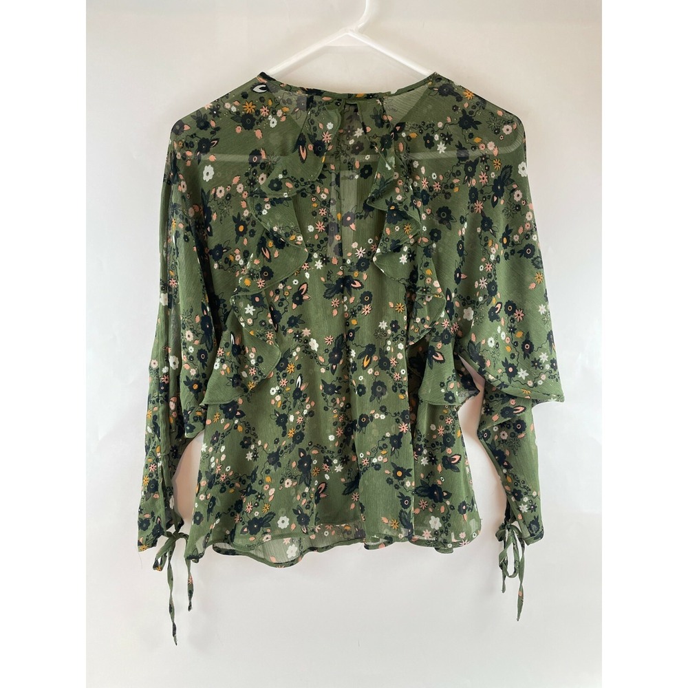 Topshop Blouse Women's Size 4 Green Floral Ruffles Long Sleeve Sheer Soft Top - Picture 2 of 11